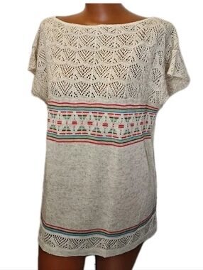 Vtg USA 80s Filigree Boat Neck Loose Knit Large Beige Cap Sleeve Cottage Coastal